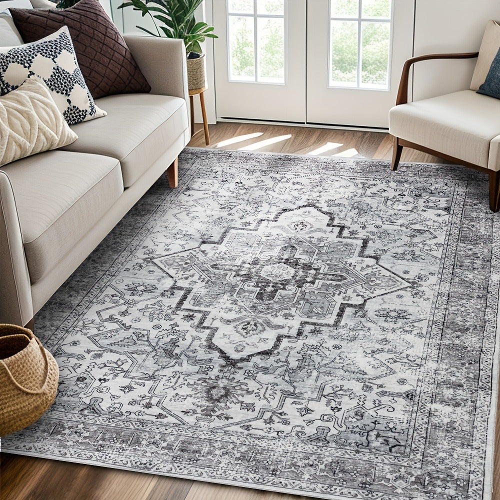 Area Rug Bohemian Retro Design in Beige or Grey with Six Foldable Machine-Washable Room Sizes