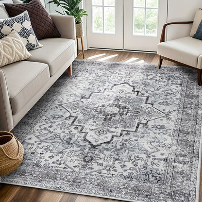 Area Rug Bohemian Retro Design in Beige or Grey with Six Foldable Machine-Washable Room Sizes