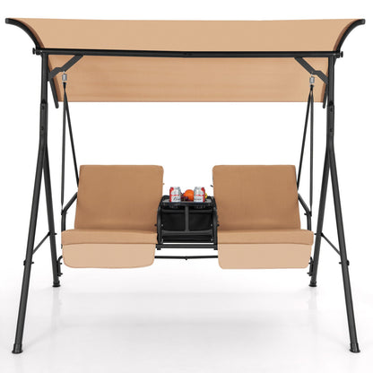 Two-Person Patio Canopy Swing with Cooler Bag, Rotating Tray and Cushions in Beige or Turquoise