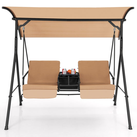 Patio Canopy Swing 2-Person with Cooler Bag Rotatable Tray Cushions 529lbs Backyard