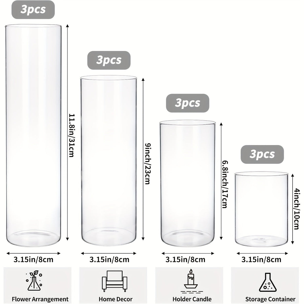 Clear Cylinder Glass Vases Set Wedding Centerpieces Home Decor for Entryways, Bedrooms and Living Spaces