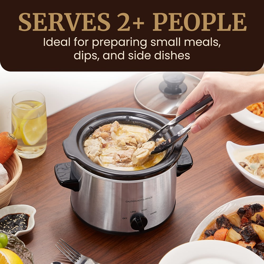 Mini Slow Cooker 1.5QT & 2.0QT with Adjustable Temperature Ceramic Crock & Dishwasher Safe Glass Lid – Small Slow Cooker for Sauces Dips Soups Stews, Stainless Steel & Black