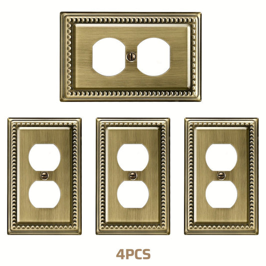 Decorative Wall Plate Outlet Cover 4-Pack – Vintage Antique Brass Metal Duplex Outlet & Light Switch Cover Plates 4.92x3.14in with Sunken Pearl Beaded Border for Home Kitchen Bathroom Office