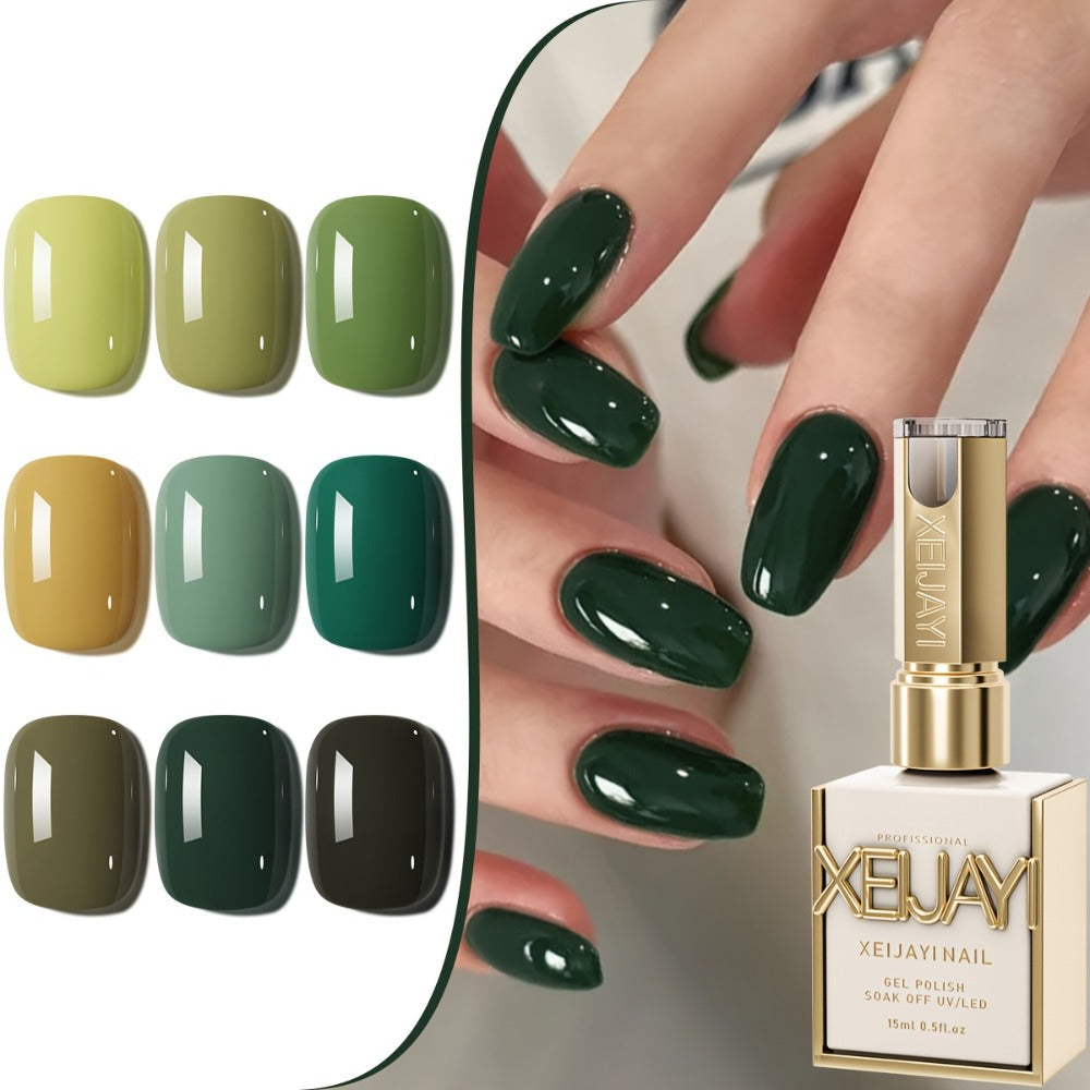 Gel Nail Polish Set with XEIJAYI Label, 9 Green Forest Colors in 0.51oz Photo Frame Bottles