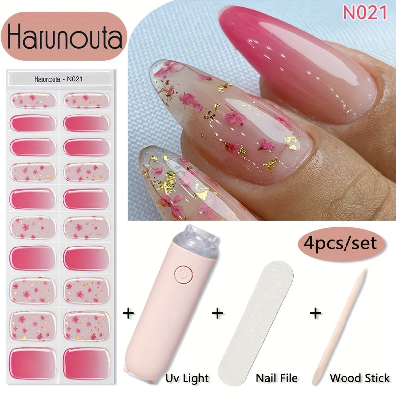Semi Cured Gel Nail Strips Kit with Handheld LED Nail Lamp — 20 Real Gel Nail Stickers Wraps for DIY Nail Art Manicure at Home, Glitter & Flower Designs, Easy Apply Long-Lasting Chip-Resistant Gel Finish