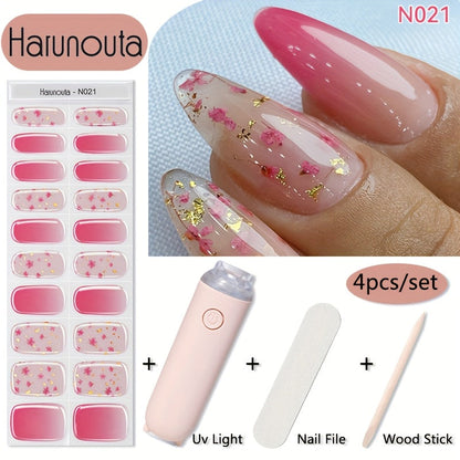 Semi Cured Gel Nail Strips Kit with Handheld LED Nail Lamp — 20 Real Gel Nail Stickers Wraps for DIY Nail Art Manicure at Home, Glitter & Flower Designs, Easy Apply Long-Lasting Chip-Resistant Gel Finish