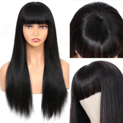 Synthetic Wig 26-Inch Black Straight Style with Full Bangs, Heat-Resistant Fiber and Machine Cap
