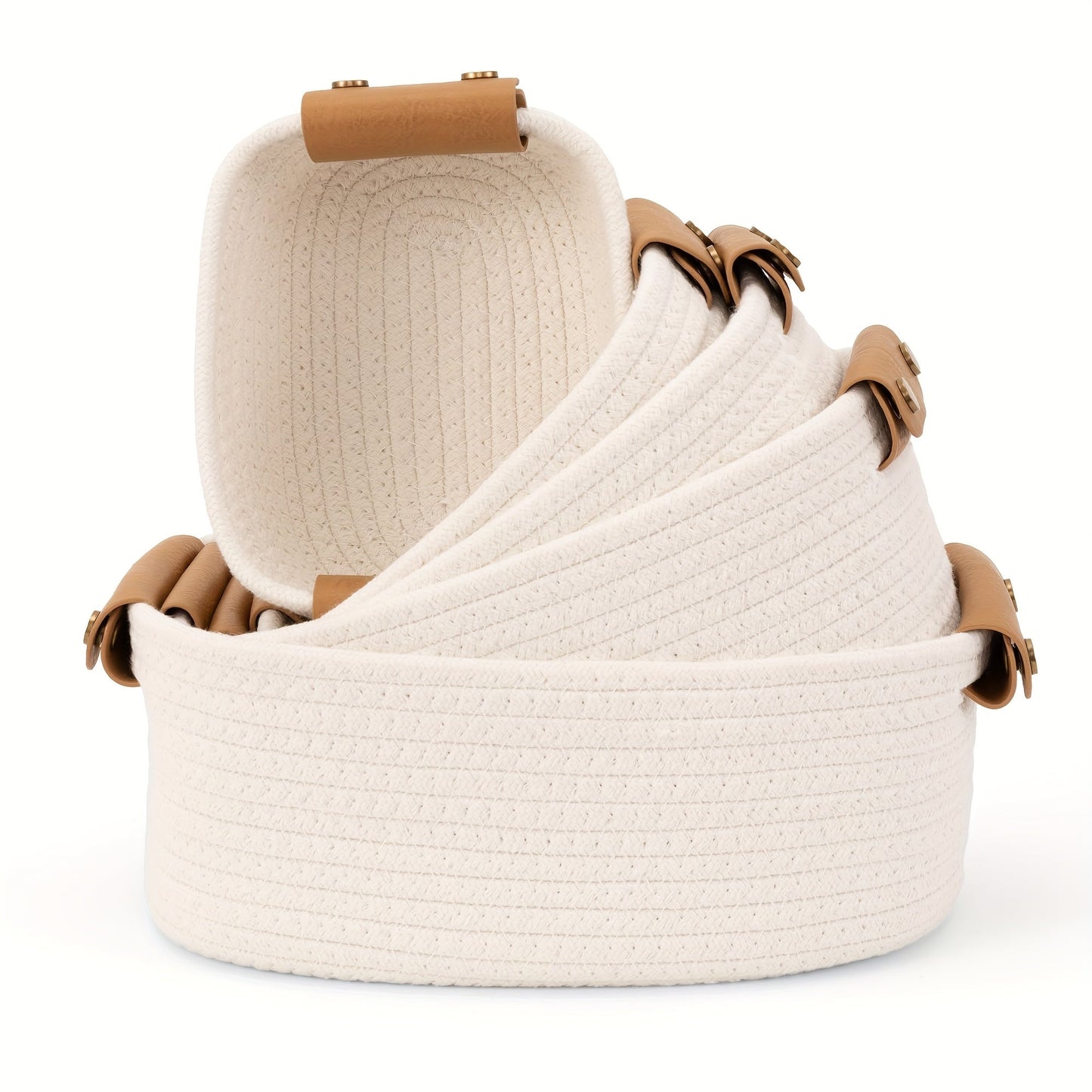 Cotton Rope Storage Baskets Set of 5 with Leather Handles in Four Color Options for Home Organization