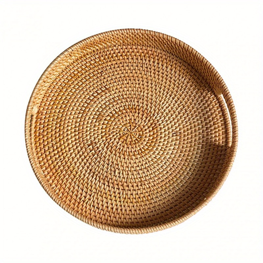 Serving Tray Basket - Hand-Woven Round Rattan Organizer for Fruits Bread Snacks, Rustic Farmhouse Decor for Kitchen Dining Table Coffee Station