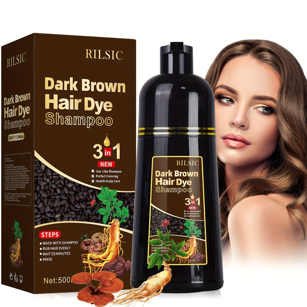 RILSIC 3-in-1 Gray Hair Color Shampoo with Plant Squalene — 100% Gray Coverage Wash & Condition Instant Results, No Mix No Ammonia, 16.91oz / 500ml for Women & Men All Hair Types