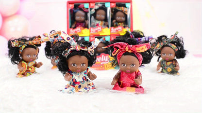 Mini Baby Doll Six-Piece Set with Dark Skin Tones, 4.53-Inch Dolls, Curly Hair and Patterned Outfits