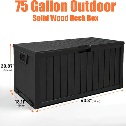 75-Gallon Outdoor Storage Box with Hinged Lid, Side Grips, Small Wheels and Three Color Options