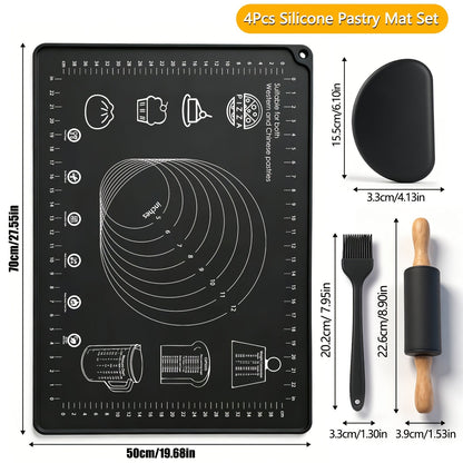 Silicone Baking Mat Set 4pcs, Extra Thick Non-Stick Pastry Mat with Measurement Scales, Non-Slip Dough Kneading Mat, Includes Rolling Pin, Dough Scraper and Storage Bag, Reusable Kitchen Baking Tools