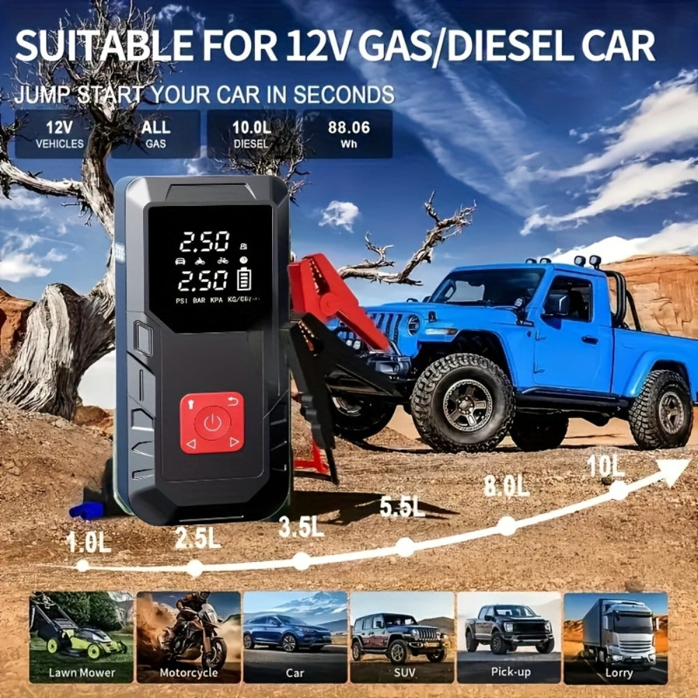 Portable Car Jump Starter 10000A – 9-in-1 Battery Booster with 350PSI Tire Inflator, LED Light, USB-C Fast Charging, Power Bank for 12V Gas & Diesel Vehicles, Emergency Car Tool