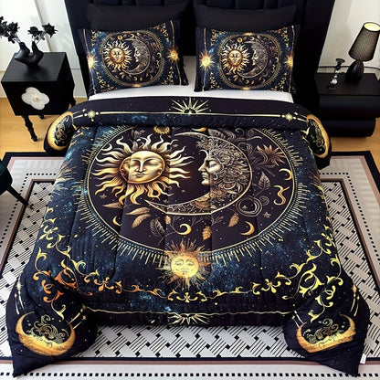 Sun Moon Planet Comforter Set 3pcs Digital Print Quilted Bedding 1 Comforter 2 Pillowcases 180GSM Soft Breathable Black Celestial Bedroom Decor Twin Full Queen King Size Dormitory