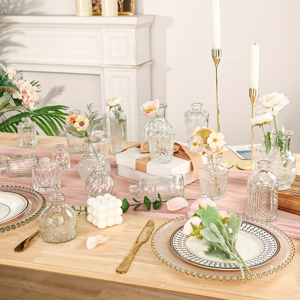 Party Decorations Clear Mini Bud Vase Set with 12, 30, 43 or 52 Mixed Shapes for Table Displays