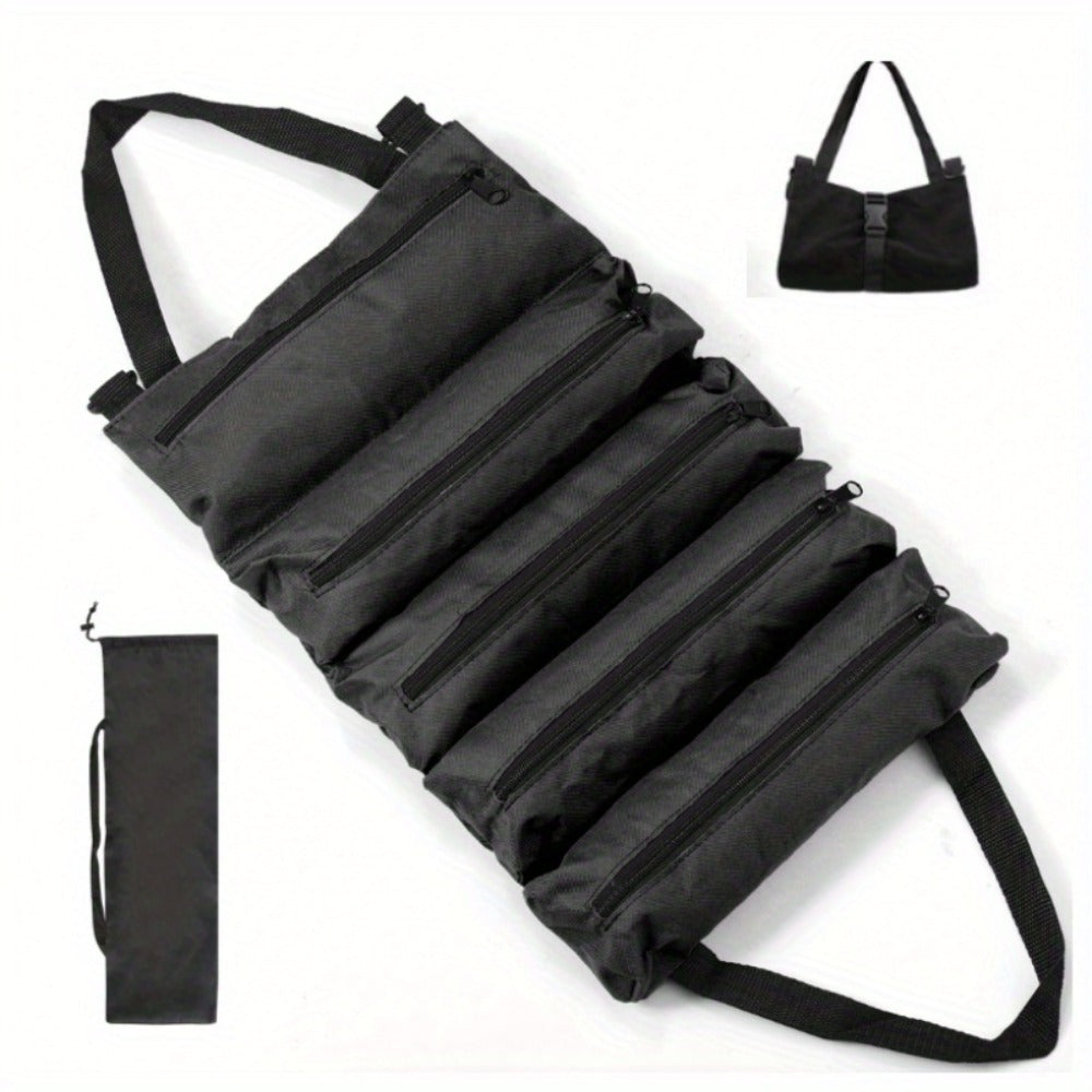 Collapsible Tool Roll Organizer Bag in Green or Black with Multiple Pockets and Carry Handles