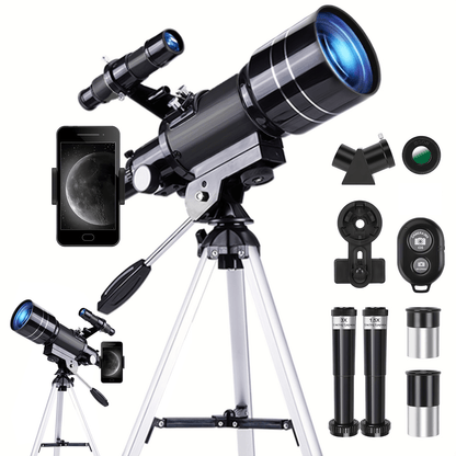 70mm Aperture Telescope 150X for Adults & Kids – Portable Astronomical Telescope with Tripod, Phone Holder, Barlow Lens & Eyepiece, Best Gift for Stargazing, Nature & Education