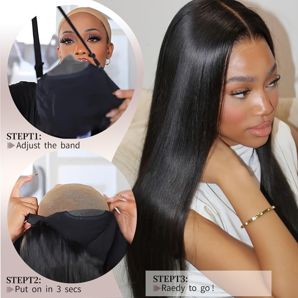 Put On and Go Glueless Human Hair Wig Bone Straight – Pre Cut 6x4.5 Transparent Lace 200% Density Pre Plucked, Ready to Wear in 3 Seconds, Natural Black & Natural Color, 10–34 Inch