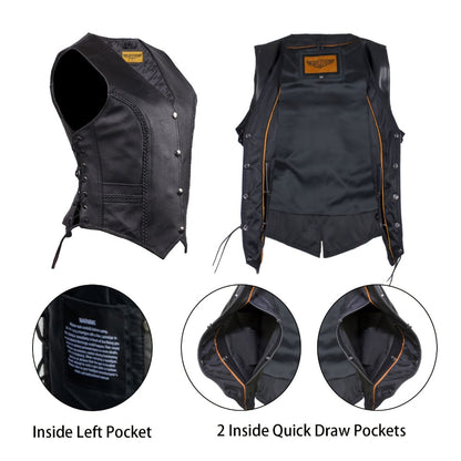Women's Leather Motorcycle Vest – Concealed Carry Pockets, Lace-Up Sides, Metal Eyelet Accents, Adjustable Straps, Edgy Biker Style, Black, Sizes XS to XXXXXL