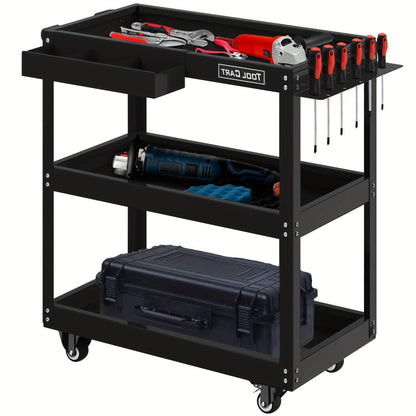 Rolling Tool Cart 3-Tier Heavy Duty 330 LBS Capacity Pegboard Organizer Locking Drawer 4 Swivel Casters for Garage Workshop Mechanics Black Yellow