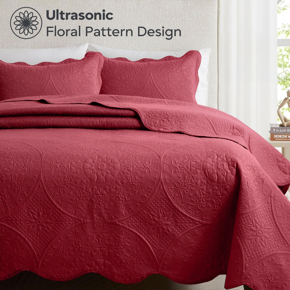 Quilted Bedspread Set 3 Piece – Soft Floral Coverlet with Pillow Shams, Lightweight Breathable Quilt for Bedroom & Guest Room, All Season Bed Cover