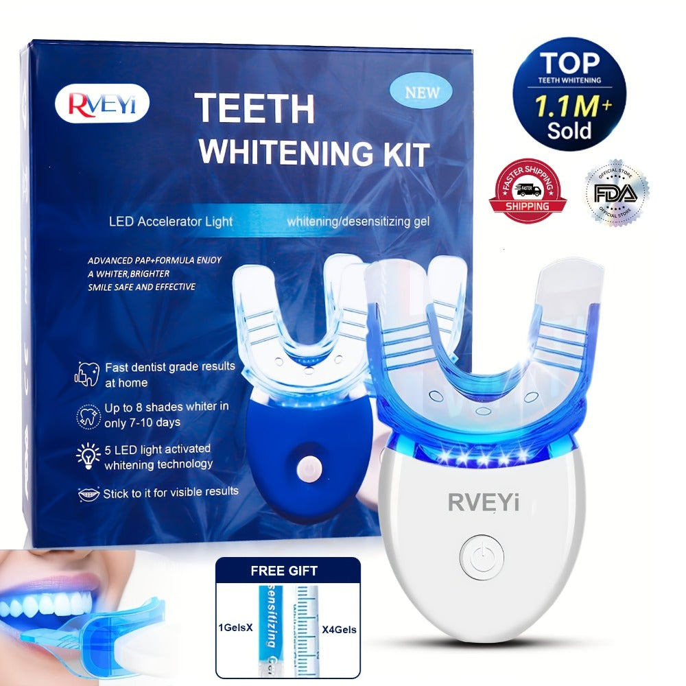White or Blue Five-LED Teeth Whitening Kit with Five Gel Syringes and 10.8 cm Mouthpiece Device