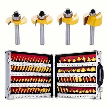 Carbide Router Bit Set with 1/4-Inch Shanks in 15- or 100-Piece Woodworking Case Configurations