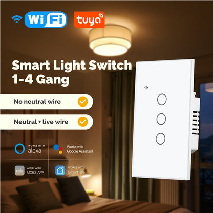 White WiFi Touch Wall Switch with One-, Two- or Three-Gang Options, 2.4GHz App Control and Dual Wiring Support