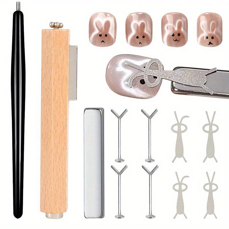 11-Piece Cat Eye Nail Magnet Set with Three-in-One Stick, Heart and Bunny Pattern Tools for Gel Designs