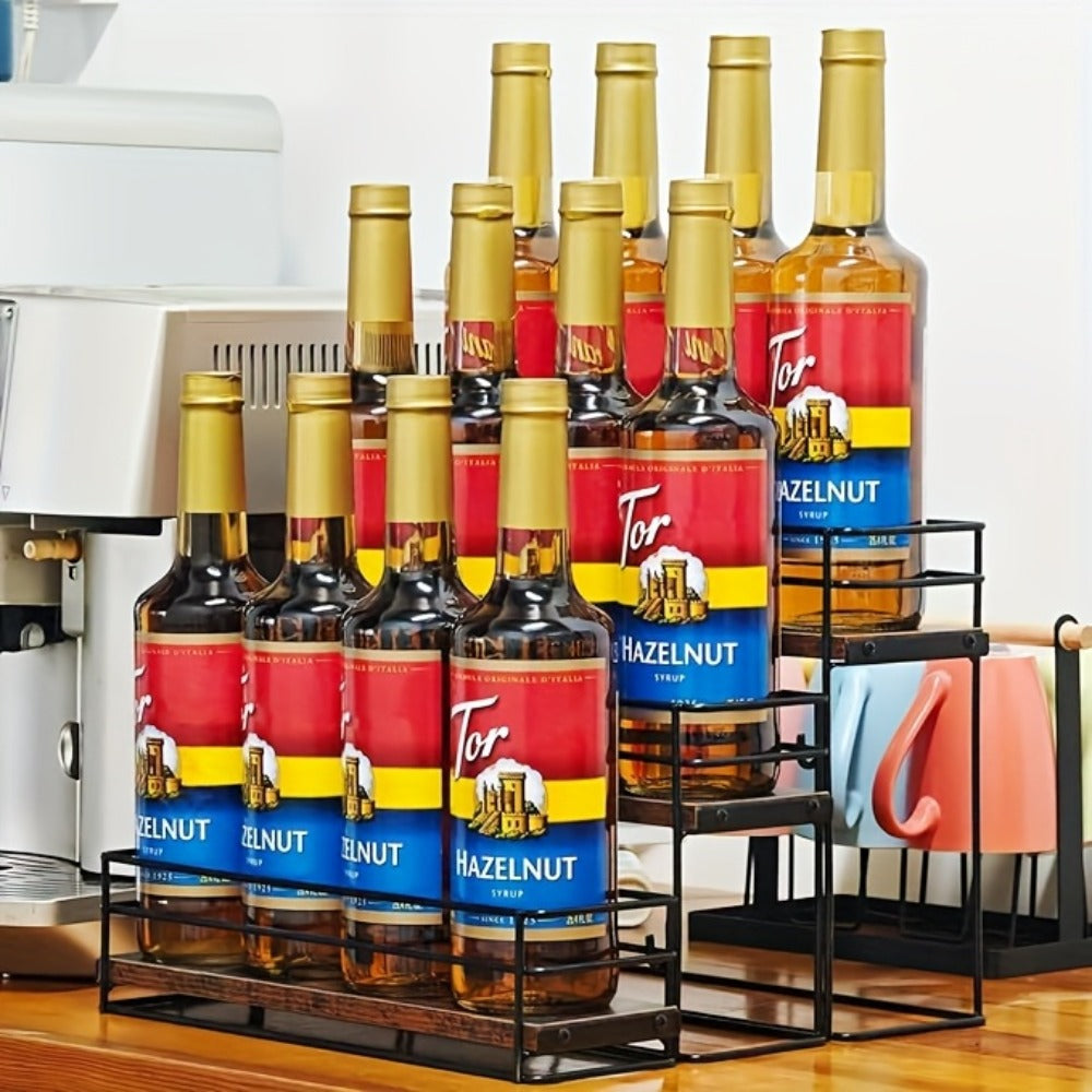 Three-Tier Countertop Bottle Rack with Black Metal Frame, Wood-Look Shelves and Twelve-Bottle Layout