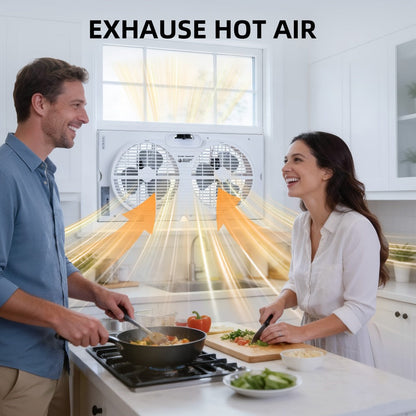 Twin Window Fan 9 Inch Dual Blade, Expandable Width with Thermostat and Remote Control, Reversible Airflow 3-Speed Window Fan for Bedroom, Living Room, Kitchen and Home Ventilation