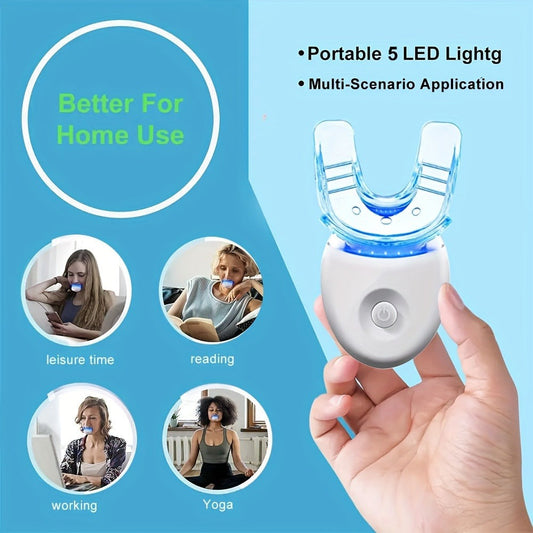 LED Teeth Whitening Kit 5 Whitening Gel Syringes Enamel Safe Professional Home Whitening Light Tray Set Fast Results Gift for Women Men Girlfriend Boyfriend Parents White Blue