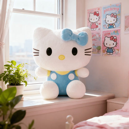 Plush Toy Bow-Wearing Cat Character Doll with Red, Pink or Blue Color Options and Soft Fabric