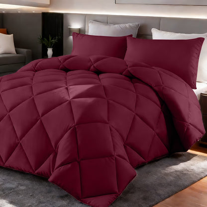 Comforter Set 2-3 Piece Rhombus Grid Luxury - Soft Lightweight Breathable Oversized Bedding Set with Pillowcases, All Season Twin Queen King, 24 Colors Available