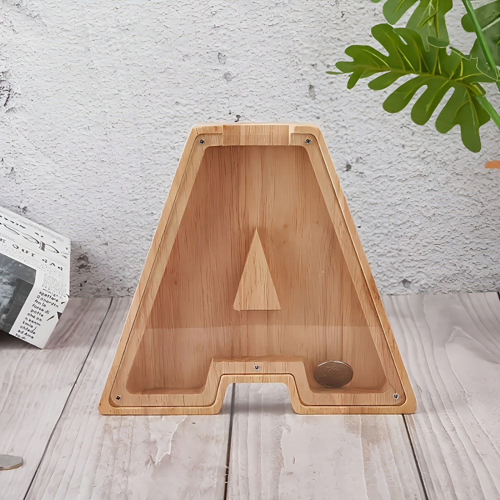 Wooden Alphabet Letter Coin Bank with Clear Front Panel, Top Slot and Eight Initial Options for Home Decor