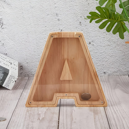 Wooden Alphabet Letter Coin Bank with Clear Front Panel, Top Slot and Eight Initial Options for Home Decor