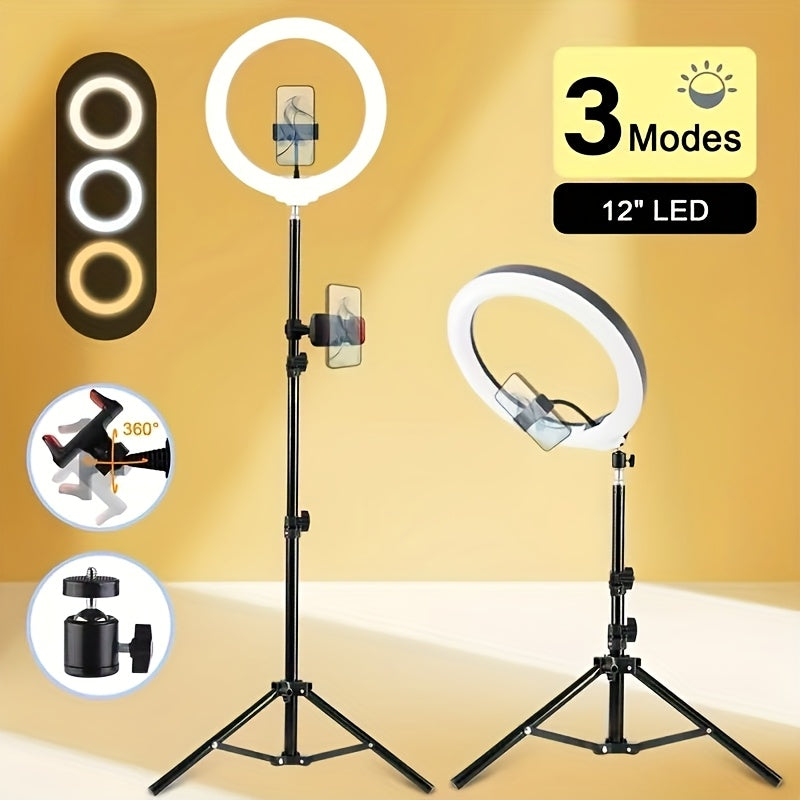 LED Ring Light 10/12 Inch with Tripod Stand & Phone Holder – 3 Color Modes, 12 Brightness Levels, USB Powered Selfie Light for Makeup, Photography, Video & Streaming