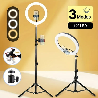 LED Ring Light 10/12 Inch with Tripod Stand & Phone Holder – 3 Color Modes, 12 Brightness Levels, USB Powered Selfie Light for Makeup, Photography, Video & Streaming