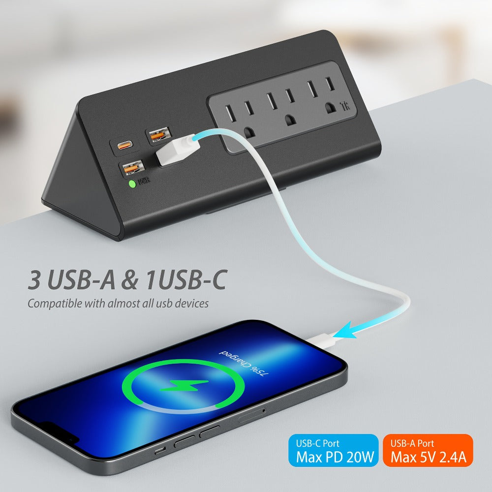 Power Strip Desk-Edge 7-in-1 with Clamp or Screw Mount, PD 20W USB-C, 5.6-Foot Cord and Power Indicator