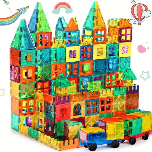 Magnetic Tiles 120 Pieces with 2 Cars – STEM Magnet Building Blocks Set for Toddlers Boys Girls Ages 3 4 5 6 7 8, Compatible with Major Brands, Birthday Christmas Holiday Gift