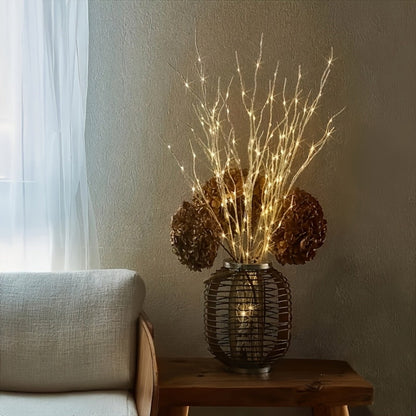 Birch Branch Lights Set of 2, Artificial Luminous Birch Tree Branches with Green Leaves & LED Fairy Lights — Battery Powered Indoor Decor for Christmas, New Year, Home & Reading Nook