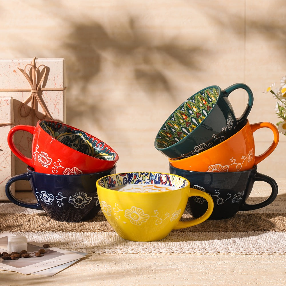 Bohemian Ceramic Coffee Mugs Set of 6 – 15 Oz Large Capacity Breakfast Mug – Microwave Safe for Hot & Cold Drinks – Unique Boho Drinkware Gift for Halloween, Thanksgiving & Christmas