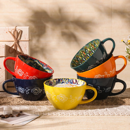 Bohemian Ceramic Coffee Mugs Set of 6 – 15 Oz Large Capacity Breakfast Mug – Microwave Safe for Hot & Cold Drinks – Unique Boho Drinkware Gift for Halloween, Thanksgiving & Christmas