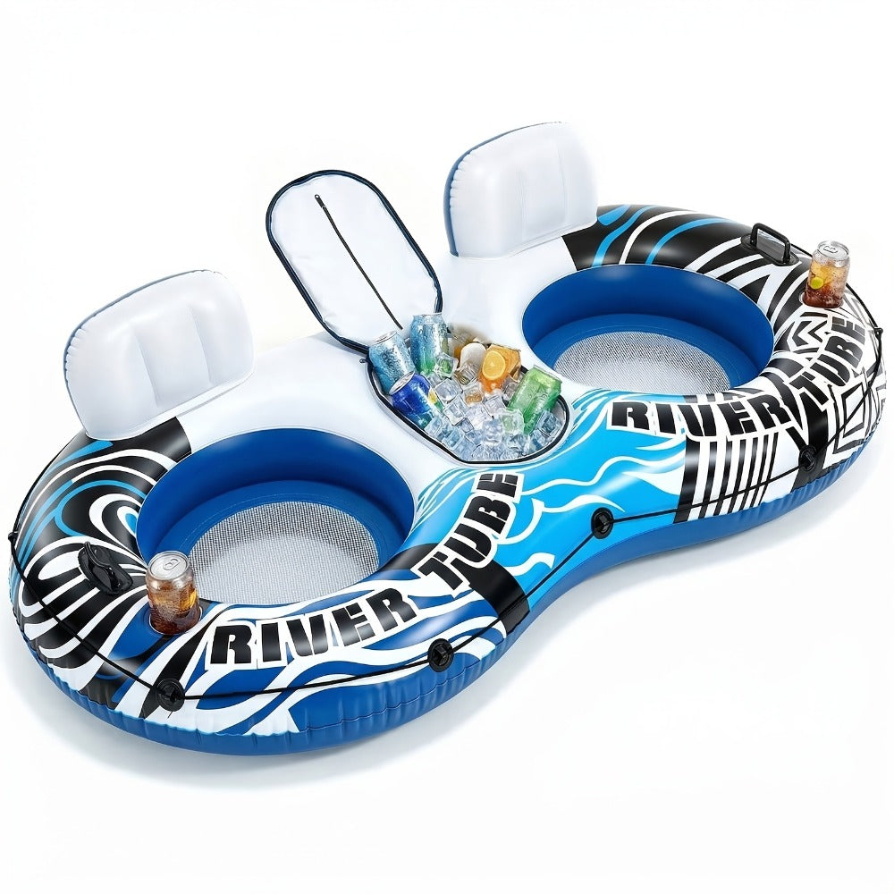 Pool Float Double Ring Raft for Two with Detachable Cooler, Two Cup Holders and Inflatable Backrests
