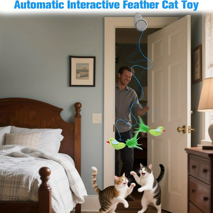 Cat Toy Electric Flying Feather with USB Rechargeable Hanging Drive, Stick-On Mount and Three Colors