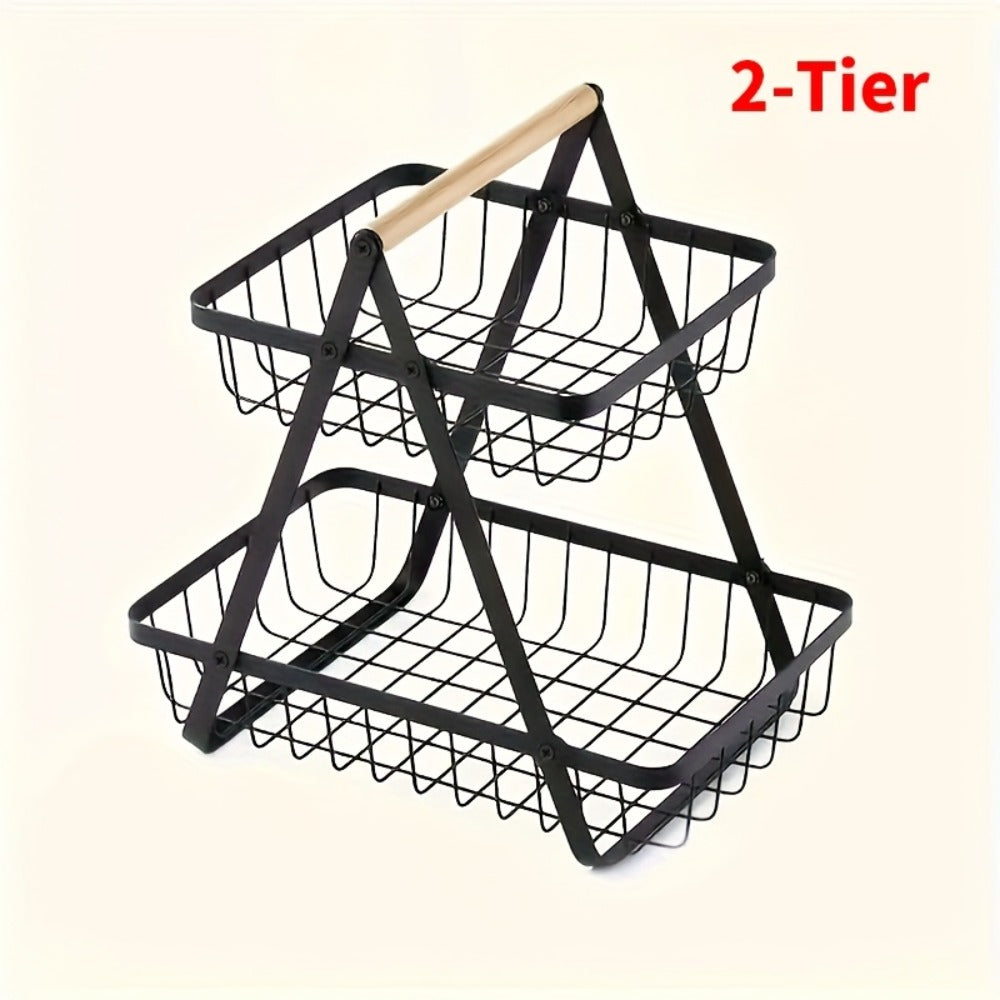 Freestanding Tiered Metal Wire Storage Basket with Wood-Tone Top Handle in Two- or Three-Tier Options