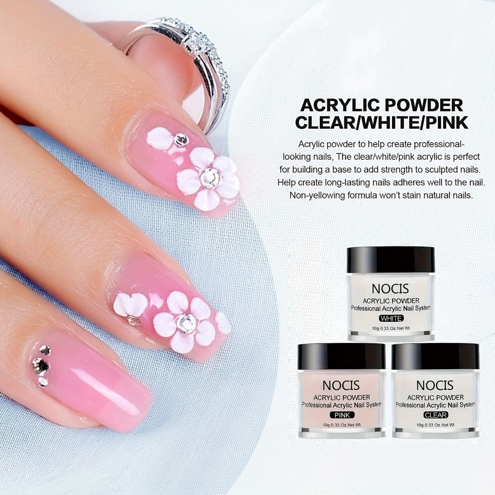 Acrylic Nail Powder Liquid Monomer Kit 3 Colors Clear White Pink Extension Set with Nail Art Brush for Nail Extensions 3D Carving Overlay French Manicure - Beginner Professional Nail Gift Set