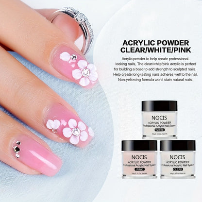 Acrylic Nail Powder Liquid Monomer Kit 3 Colors Clear White Pink Extension Set with Nail Art Brush for Nail Extensions 3D Carving Overlay French Manicure - Beginner Professional Nail Gift Set