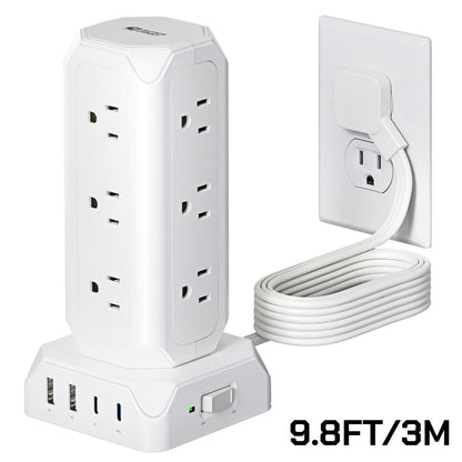 Power Strip Tower 16-in-1 Surge Protector 12 AC Outlets 4 USB Ports USB-C PD20W 1800J Protection Desktop Charging Station 10ft or 15ft Extension Cord for Office School Dorm White